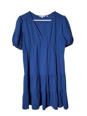 Boden blue seersucker textured puff sleeve mini dress womens 6 R tiered babydoll